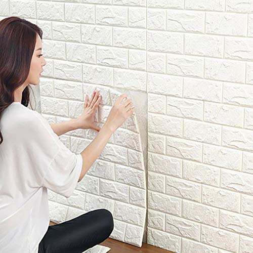 10 Piezas Papel de pared estilo ladrillos 3D, YTAT IED Pegatina de Pared DIY 3D Ladrillo Papel Pintado Sticker Autoadhesivo Wall Paneles, Ideal para dormitorios y salones 60 x60 cm(Blanco)
