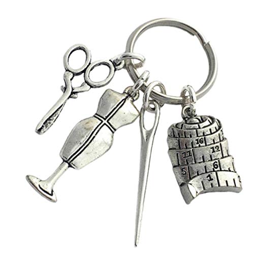 ABOOFAN Quilting Jewelry - Llavero de costura. Regalo para Quilters Fogne Sarta Scissor Needle Dress Rack Pendant Charm Key Chain Ring Silver
