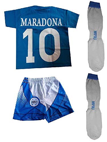 Generico Conjunto de camiseta y pantalones cortos y calcetines de recuerdo de Maradona BUITONI, camiseta con escudo de regalo y llavero azul claro 9-11 Años