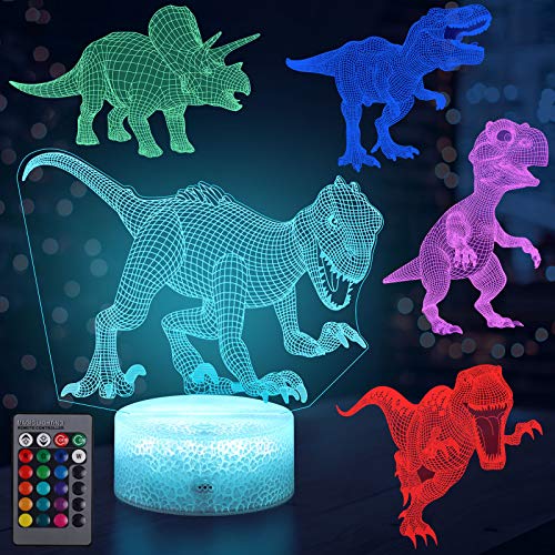 Hiveseen Luz de Nocturna Dinosaurio 3D, LED Ilusión Optica Lámpara Dinosaurio, 16 Cambio de Color y Mando a Distancia, USB Recargable, Toque Regulable Cabecera Luz de Noche para Niño