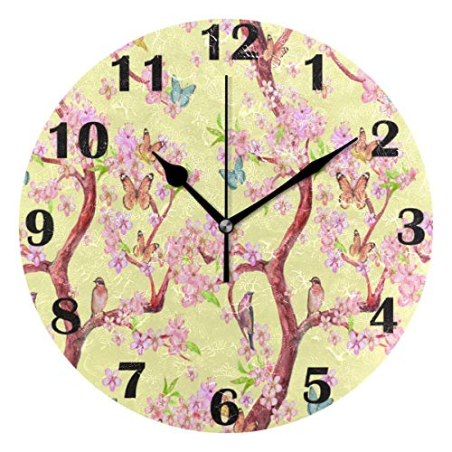 Jacque Dusk Reloj de Pared Moderno,Aves Flor Árbol De Sakura Mariposas Voladoras,Grandes Decorativos Silencioso Reloj de Cuarzo de Redondo No-Ticking para Sala de Estar,25cm diámetro