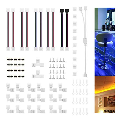 Kit de Conector de Tira de Luz LED, Juego de Accesorios para Tiras LED RGB 5050 10mm de 4 Pines, LED Conectores en Forma de L y Conector de Esquina, Clips de Fijación