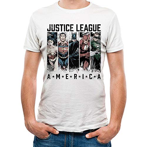 La Liga de la Justicia - Camiseta Modelo America para Adultos Unisex (S) (Blanco)
