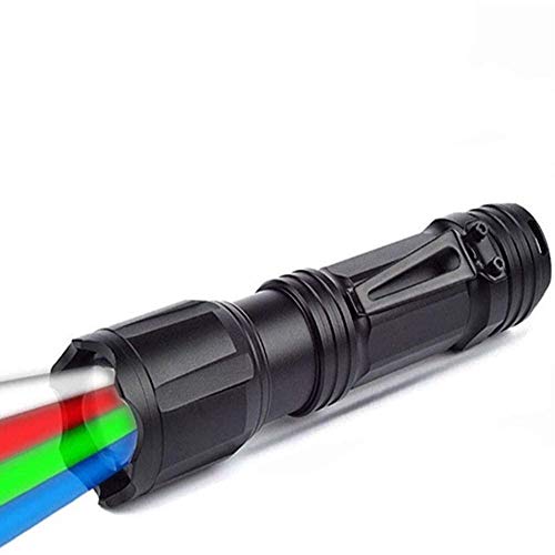 Linterna táctica LED con luz roja verde azul y blanco, 4 colores en 1 linterna con zoom, multifuncional, impermeable para visión nocturna, pesca, camping, caza