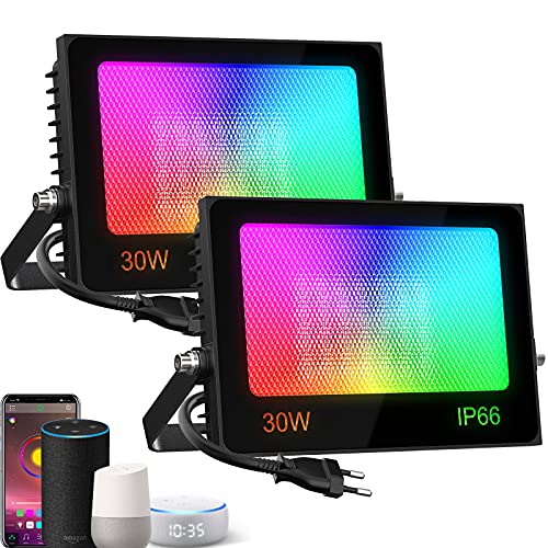 Olafus 2 x 30W Foco LED RGB WiFi Inteligente, Foco LED Exterior 2700K a 6500K Ajustable Impermeable IP66 Funciona con Alexa e Google Home Control Remoto Luz 16 Millones de Colores Floodlight LED RGB