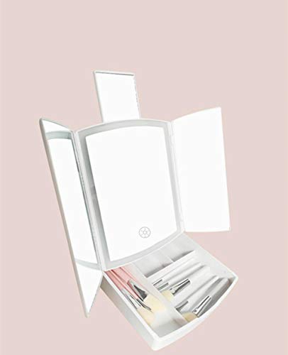 Three-Door Folding Storage led Makeup Mirror with Light Multifunctional Household Vanity Mirror Beauty Makeup Mirror-White