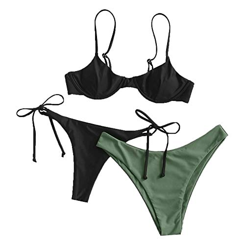 ZAFUL - Conjunto de bikini para mujer, parte superior con aros, push-up, escote balconette e inferior tipo tanga con lazos en los laterales Negro de tres piezas. L