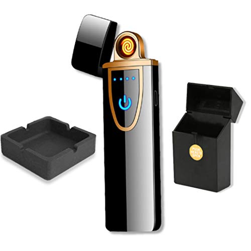 Accesorios Mechero Electrónico Recargable USB Fino táctil - Cenicero de Silicona + pitillera con botón Negra - Indicador de batería