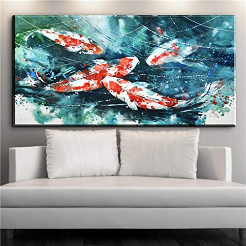 Arte de pared grande Impresiones en lienzo Caligrafía china Pintura Tinta Koi Estanque de peces Flor de loto Imagen Sala de estar Decoración 80x170cm Sin marco