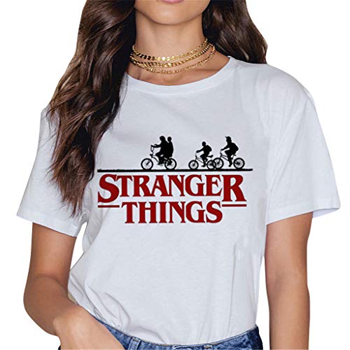 Camisetas Stranger Things Mujer, Camisetas Stranger Things Niña Retro tee Ringer T Shirt Manga Corta Abecedario Impresión T-Shirt Regalo Camisa Verano Camisetas y Tops (9,XL)