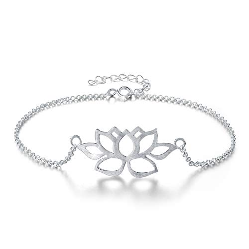 Esberry Pulsera de plata de ley clásica clásica con diseño de flor de loto, hecha a mano, joyería única para mujeres y niñas