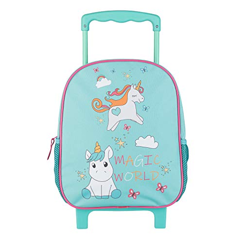 Idena Mochila trolley con 2 ruedas con purpurina, para niñas, color turquesa con un encantador diseño de unicornio, como maleta de mano, trolley escolar y mochila para niños, aprox. 31 x 27 x 10 cm