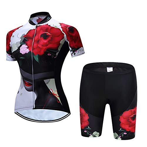 JPOJPO Maillot de ciclismo para mujer manga corta camiseta y pantalones cortos, Acolchado, Mujer, color A5., tamaño Tag XXL(Chest 39-41"）
