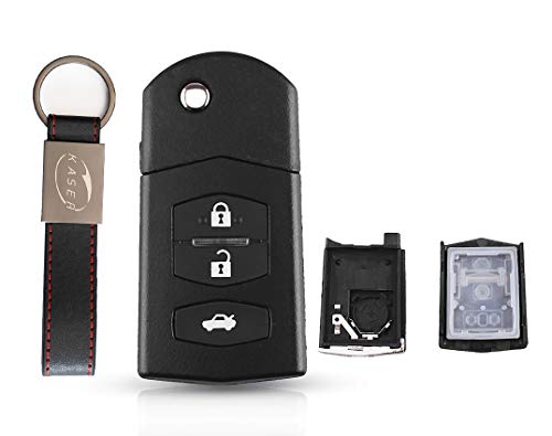 KASER Carcasa de llave para Mazda 2, 3, 5, 6, RX8, MX5, carcasa con mando a distancia de 3 botones, con hoja y llavero (compartimento para batería grande)