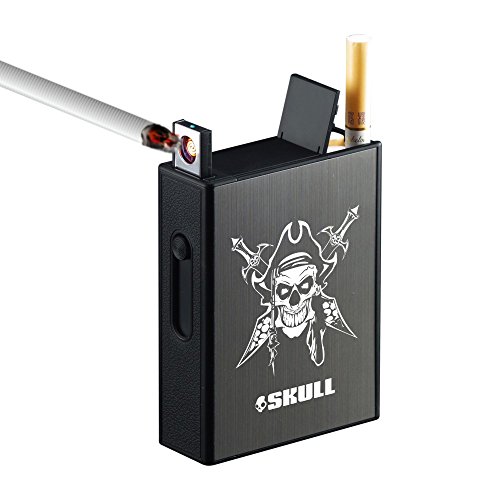 Pitillera metálica con encendedor eléctrico USB recargable, con espacio para 20 cigarrillos normales, portátil, sin gas