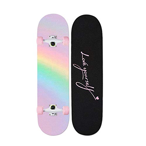 VByge Skateboard Principiante Pink Girl Monopatines Adulto Adolescente Cuatro Ruedas Doble Alice Longboard 79x19cm Arco Iris