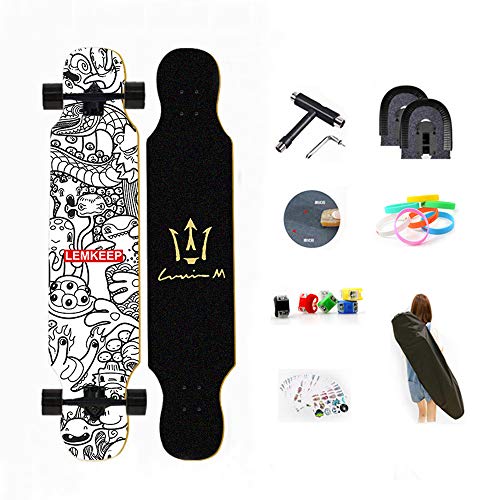 WRISCG Longboard Tabla Completa 25x107cm Skateboard, Drop-Through Freeride Skate Cruiser Boards, Rodamientos ABEC Alta velicidad, 8 Capas Flexible de Arce, por Adulto Principiante,D