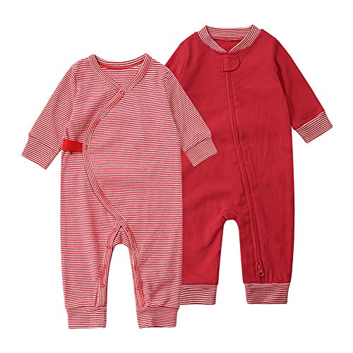 Body para bebé Pijama Mono 100% Algodón con Botón Cremallera Pieza para Pequeños Conjunto de 2 Paquetes de Manga Larga Unisex para 0-24 Meses(Rojo,73cm)