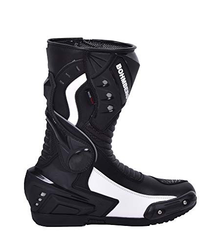Botas de moto Hombre, botas de cuero deportivas, impermeables, de cuero, protectores rígidos integrados estables, con protección de tobillo, negro blanco - 46