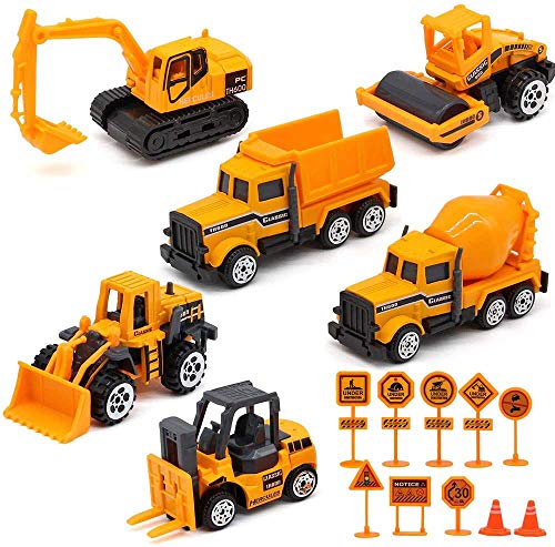 Feleph Camiones de construcción Set 16pcs Tractor Excavadora Volcado Diecast Crane Vehículos Mini Aleación Ingeniería Modelo Coches Señales de tráfico Sandbox Juguetes para niños