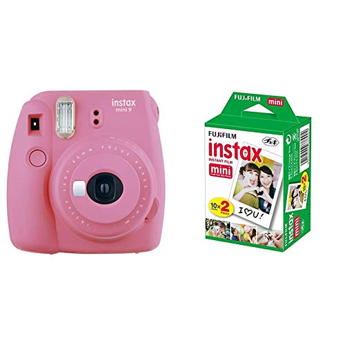 Fujifilm Instax Mini 9 - Cámara instantánea, color rosa + Fujifilm Película fotográfica instantánea, 4 x 10 hojas, color blanco