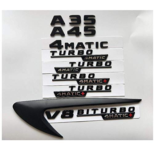 HONGYOU Letras negras A35 A45 V8 Biturbo Turbo 4Matic + Fender Trunk portón emblema emblema emblema para Mercedes Benz AMG W176 W177 (negro mate, Wind Knives 2 unidades)