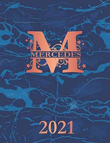 Mercedes: 2021. Personalized Name Weekly Planner Diary 2021. Monogram Letter M Notebook Planner. Navy Blue Marble & Copper Cover. Datebook Calendar Schedule