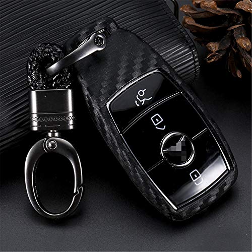 M.JVisun - Funda para llaves de coche con textura de fibra de carbono suave para Mercedes-Benz Clase E, con llavero, gancho de metal, color negro