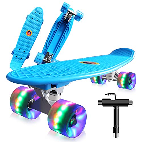 Monopatín Completo Mini Cruiser Skateboard 22" Retro Skate Board para Niños Adolescentes Adultos, Ruedas con Luz LED y Herramienta en T de Patinaje Todo en Uno (Azul)