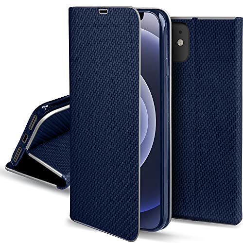 Moozy Funda con Tapa para iPhone 12 Mini, Carbono Azul Oscuro – Flip Cover con Bordes Metalizados de Protección, Soporte y Tarjetero