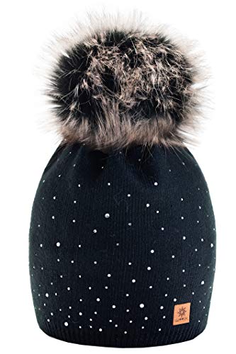 Morefaz - Gorro de invierno de forro polar para mujer con cristales y pompón multicolor negro M/L