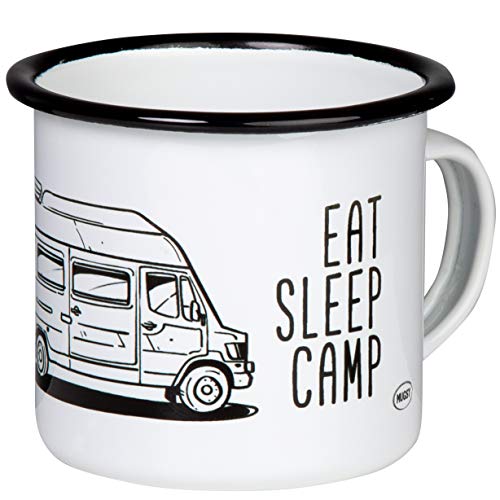 MUGSY.de EAT Sleep Camp Explore Drive Repeat - Taza esmaltada de alta calidad con diseño de Mercedes Benz Camper Bremer, James Cook Westfalia - 307 - ligero y resistente - para camping, Vanlife