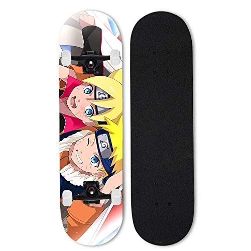 Totots Monopatín de anime para Uzumaki Naruto, Uzumaki Boruto Monopatín completo, Skateboard de Naruto 7-Capa Mapatín de arce, Doble inclinación de cuatro ruedas, pincel cóncavo Street Skateboard, Mon
