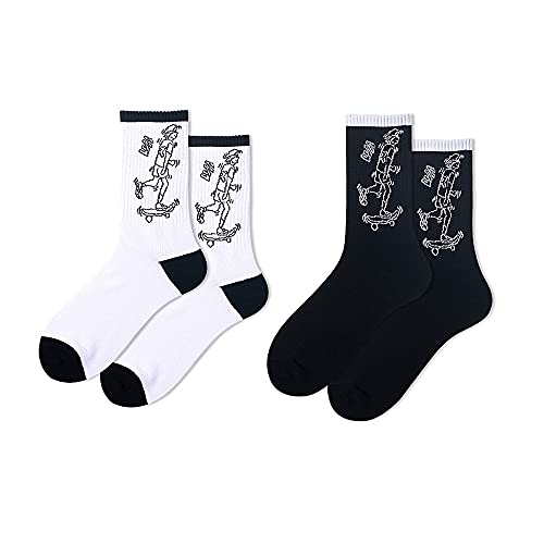TTD 2 pares de calcetines deportivos de estilo punk, con contraste de blanco y negro, calcetines de algodón con grafiti, calcetines deportivos de hip-hop para monopatín