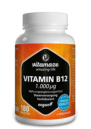 Vitamaze® Vitamina B12 1000 mcg Comprimidos de con Metilcobalamina, 180 Comprimidos Vegana, 6 Meses de Suministro, Organica Pura Suplemento Alimenticio sin Aditivos Innecesarios, Calidad Alemana