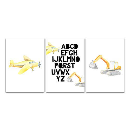 YHHZW Nursery Wall Art Canvas Print Baby Toy Poster Prints Tema Amarillo Aeroplano Excavadora Alfabeto Cuadro de Pared Kids Boy Room Decor-40x60cm Sin Marco