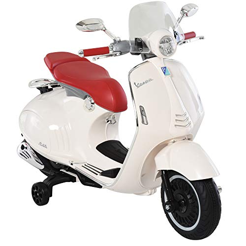 HOMCOM Moto Eléctrica Vespa Faros Música 2 Ruedas Auxiliares para Niños Mayores de 3 Años Motocicleta Infantil Autorizada 108x49x75 cm Blanco