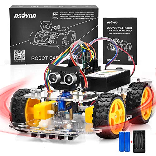 OSOYOO V2.1 Smart Robot Car Kit for Arduino – Controller Board Line Tracking, Ultrasonic Sensor, Bluetooth, Motor Shield, IR Remote Control, Mobile App – Battery and Charger Included