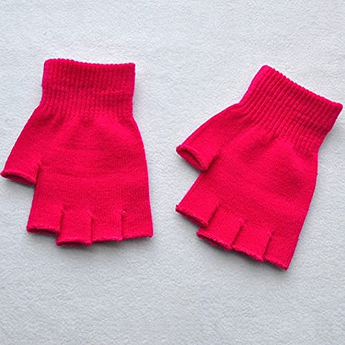 Hot Children Magic Knitted Gloves Kids Stretch Half Finger Glove Winter Warm Mittens Solid Fingerless Gloves Girls Soft Wrist - Rose Red
