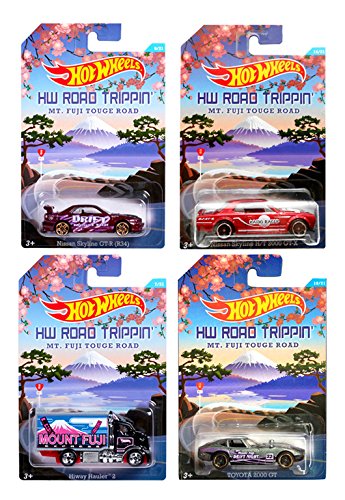 Hot Wheels Road Trippin 'Series MT. Fuji Touge Road Drifter Set de 4 - Monte Fuji Express Higway Hauler, Nissan Skyline H/T 2000 GTX, Nissan Skyline (GT-R (R34), Toyota 2000 GT