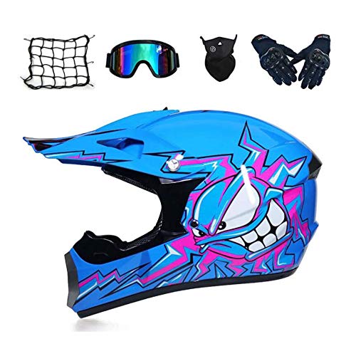 LLY Casco Motocross Niño - Azul/Dibujos Animados - Forro Extraíble, Casco De Cross con Gafas Máscara Guantes Red Elástica para Moto MX Quad Enduro Off Road ATV Scooter,M