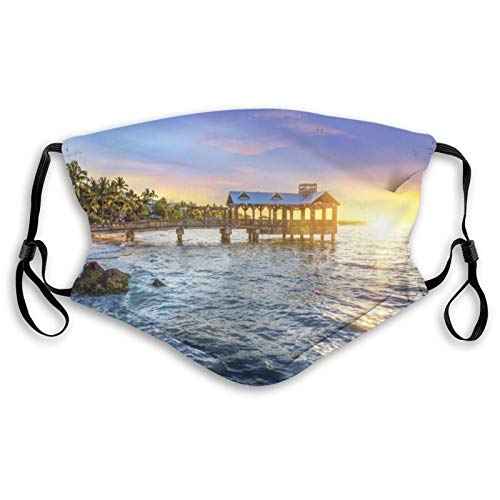 Máscara a prueba de viento de carbón activado a la moda, muelle en la playa en Key West Florida EE.UU. Paraíso tropical de verano, decoraciones faciales impresas para adultos