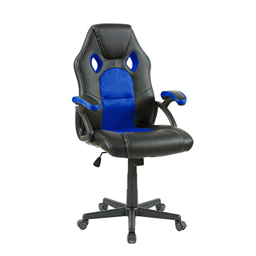 Neo ® Alfombrilla giratoria de piel sintética para barbacoa, oficina, carreras, gaming, ordenador de escritorio, sillón, color azul y negro, 114 cm x 47 cm x 48 cm