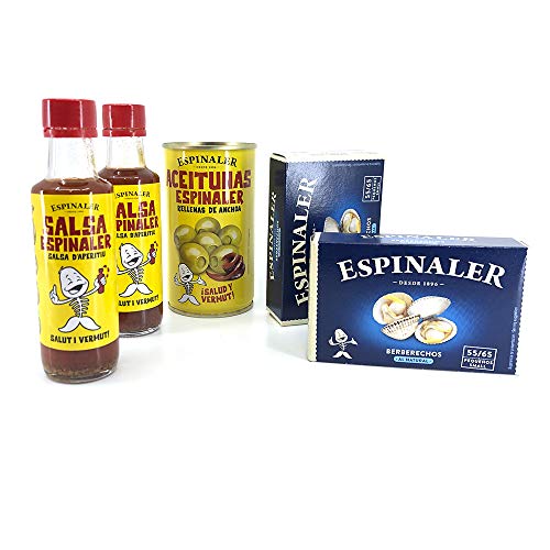 Pack Espinaler - 2 Latas de Conservas Berberechos al Natural, Aceitunas rellenas de Anchoa y 2 Salsas Aperitivo Espinaler