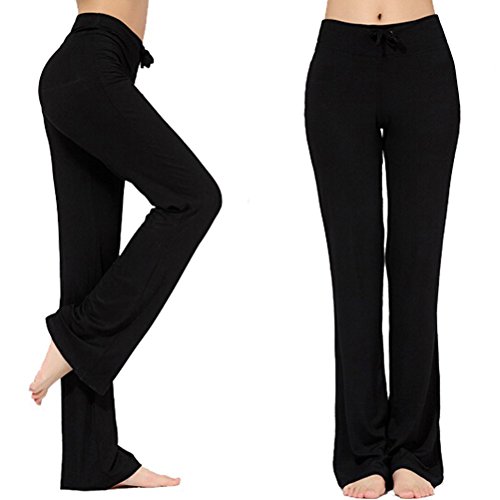 Pantalones Largos Modales Cómodos de Lazo Del Cordón de Las Mujeres Sueltos de la Pierna Recta Para la Yoga que se Ejecuta Sporting Negro XL