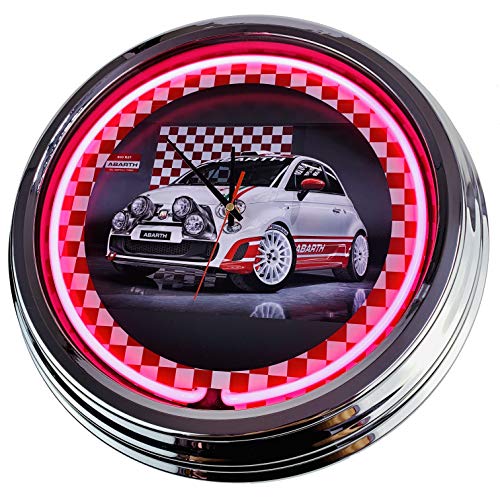 Reloj de pared de neón Abarth Race-Car Fiat 500 pulgadas reloj de pared Deko-clock iluminado estilo de los años 50 Retro Neon Clock comedor cocina sala de estar oficina (rosa)