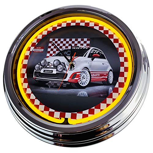 Reloj de pared de neón Abarth Race-Car Fiat 500 pulgadas reloj de pared Deko-clock iluminado estilo de los años 50 Retro Neon Clock comedor cocina sala de estar oficina (Gelb)