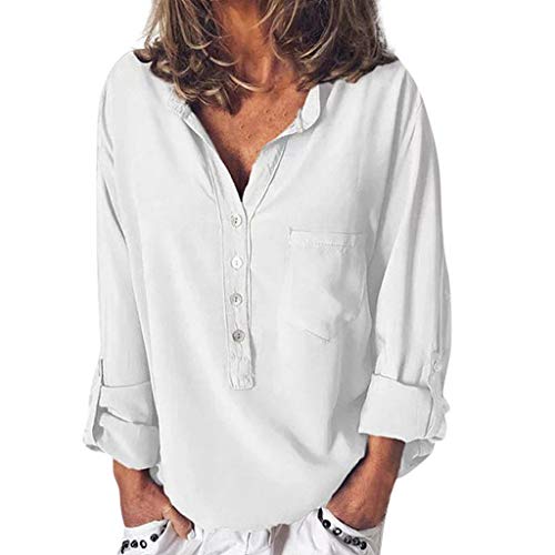 RISTHY Blusa de Cuello Solapa Camisa Botones Color Sólido Camiseta de Oficina Camisa Mujer Casual Camiseta de Mangas Largas Blusa con Bolsillo T-Shirt Tops Verano Otoño para Mujeres