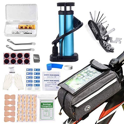 TOUROAM Kit de Herramientas multiherramientas de Emergencia para Bicicleta – Bolsa para Marco de Tubo de Bicicleta, Soporte para teléfono, Bomba de pie, Kit de reparación, Kit de Primeros Auxilios