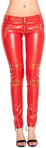 Firstclass Trendstore - Pantalones para mujer con remaches y cremalleras, talla XS-XL, pantalones para mujer, estilo motero, Skinny rojo XL